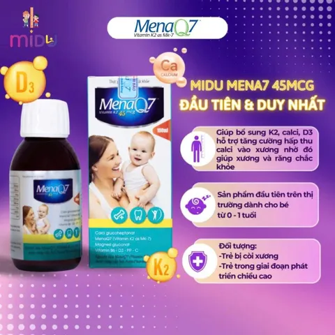 MIDU MENAQ7 K2 45mcg - Hỗ trợ tăng cường hấp thụ Cacli vào xương, Lọ 100ml