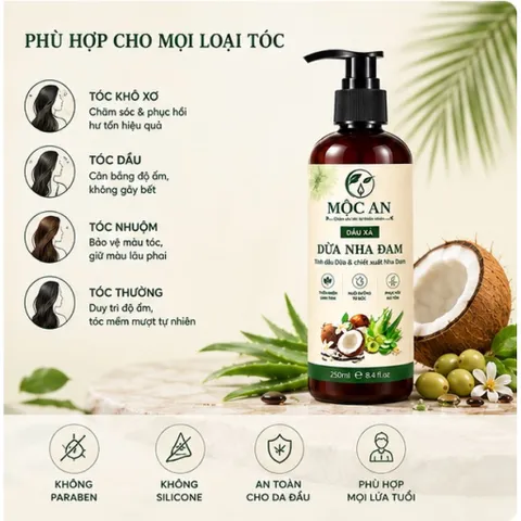 Dầu Xả Dừa Nha Đam Mộc An 250ml, phục hồi tóc hư tổn, dưỡng tóc từ gốc, dầu xả thiên nhiên lành tính