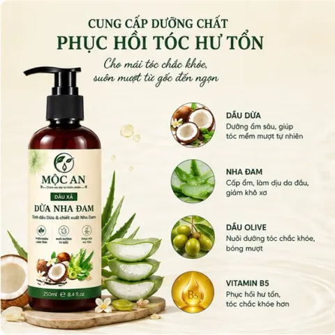 Dầu Xả Dừa Nha Đam Mộc An 250ml, phục hồi tóc hư tổn, dưỡng tóc từ gốc, dầu xả thiên nhiên lành tính