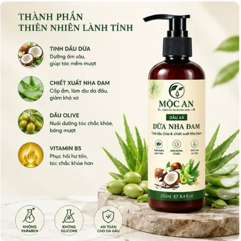 Dầu Xả Dừa Nha Đam Mộc An 250ml, phục hồi tóc hư tổn, dưỡng tóc từ gốc, dầu xả thiên nhiên lành tính