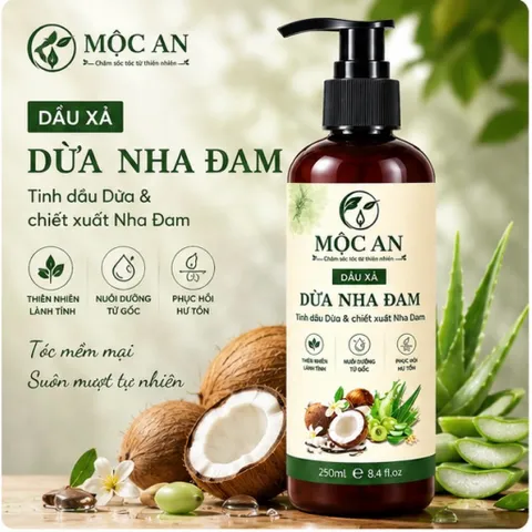 Dầu Xả Dừa Nha Đam Mộc An 250ml, phục hồi tóc hư tổn, dưỡng tóc từ gốc, dầu xả thiên nhiên lành tính