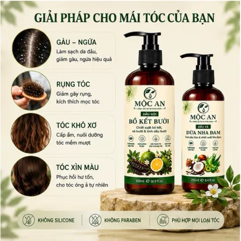 Cặp Dầu Gội Bồ Kết Bưởi kích mọc tóc con, giảm gàu giảm rụng, tóc suôn mượt từ gốc Mộc An chính hãng