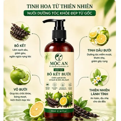 Dầu gội Bồ kết bưởi, dầu gội thiên nhiên kích mọc tóc giảm rụng tóc sạch gàu Mộc An 500ml chính hãng