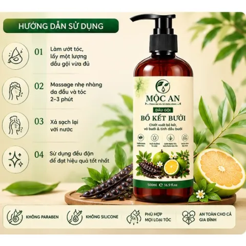 Dầu gội Bồ kết bưởi, dầu gội thiên nhiên kích mọc tóc giảm rụng tóc sạch gàu Mộc An 500ml chính hãng