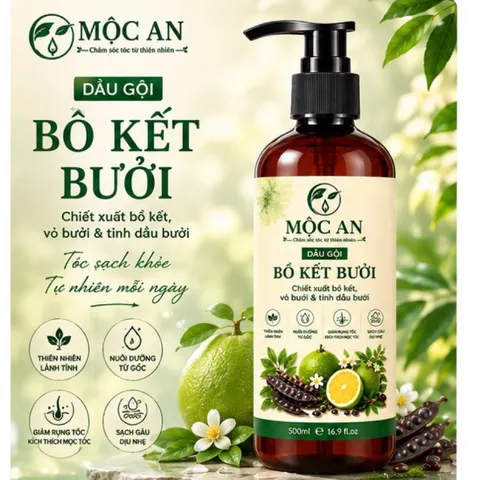 Dầu gội Bồ kết bưởi, dầu gội thiên nhiên kích mọc tóc giảm rụng tóc sạch gàu Mộc An 500ml chính hãng