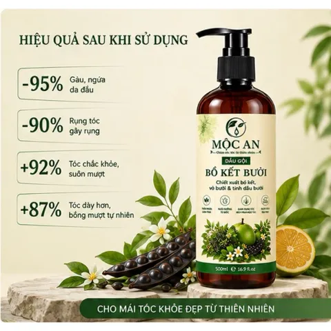 Dầu gội Bồ kết bưởi, dầu gội thiên nhiên kích mọc tóc giảm rụng tóc sạch gàu Mộc An 500ml chính hãng