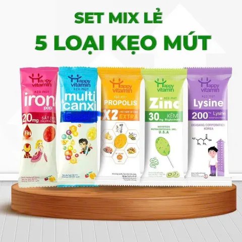 (Combo 5 Vị) Kẹo Mút Happy Vitamin chính hãng bổ sung Sắt, Canxi, Kẽm, Lysine, Vitamin, Keo Ong cho bé