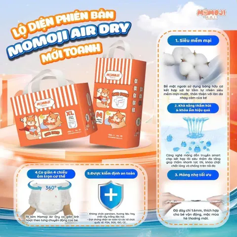 [Phiên Bản Mới] Combo 4 Tã quần/Dán Momoji Air Dry, thoáng khí, thoát ẩm tốt giúp da bé sơ sinh khô thoáng