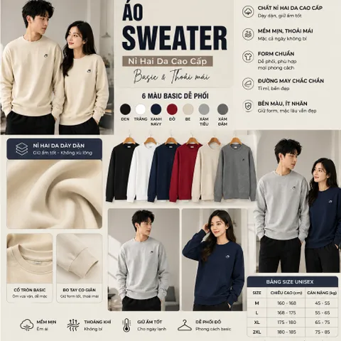 [Mẫu hot 2026]Áo Sweater Nỉ Hai Da Cao Cấp Cổ Tròn Form Rộng Unisex Nam Nữ Dày Dặn Không Xù Lông Dễ Phối Đồ