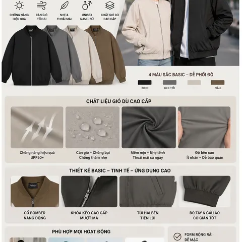 [Deal mở bán ]Áo Khoác Bomber Gió Dù Basic Unisex Nam Nữ - Chống Nắng UPF50+, Cản Gió Chống Thấm Nhẹ, Mặc 4 Mùa 🔥
