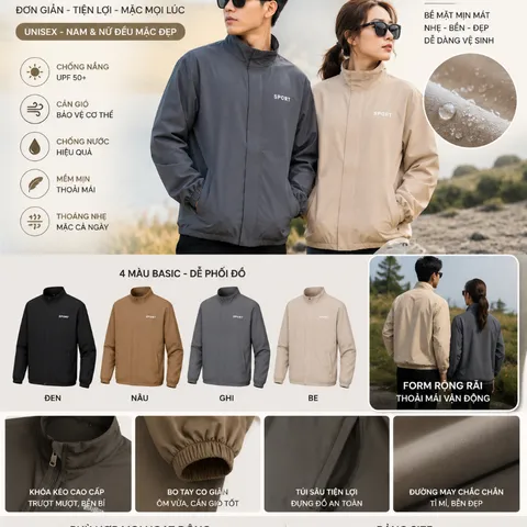 [Mẫu Mới]Áo  SPORT Lót Lụa  Nam Nữ Chống Nắng UPF50+ Chống Nước Cản Gió - Áo Khoác Dù Basic 2 Lớp Cao Cấp Mặc Hàng Ngày