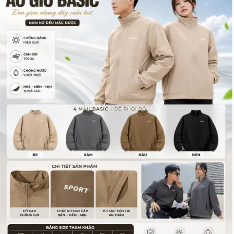 [Deal Mở Bán]Áo Khoác Gió Lót Lụa Nam Nữ Unisex Cổ Cao SPORT - Áo Dù Chống Nắng Chống Nước Form Rộng Basic (4 Màu HOT)