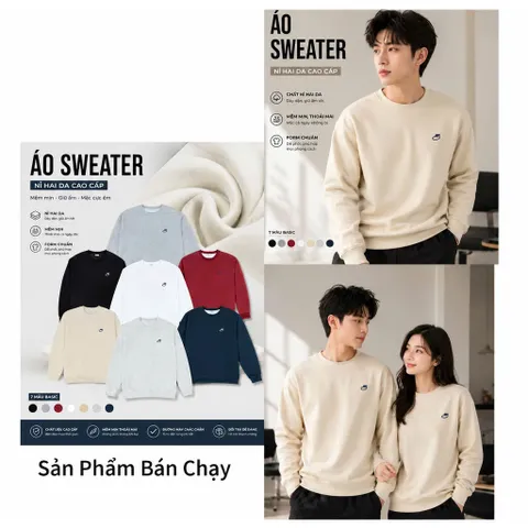 Áo Sweater  Nam Nữ thêu chữ chất liệu nỉ hai da from rộng oversize thiết kế trẻ trung năng động.
