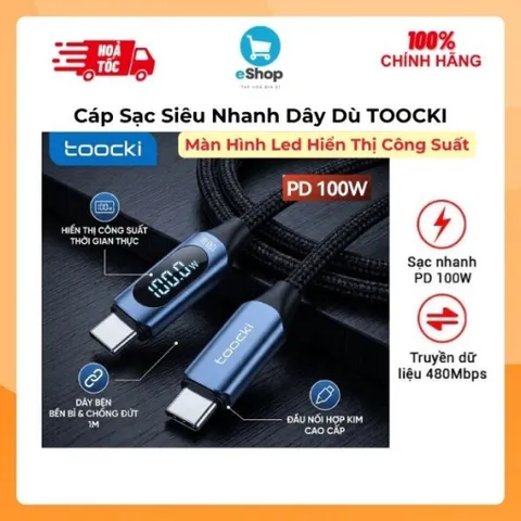 Cáp Sạc Siêu Nhanh Dây Dù C TO C 100w Dài 1m TOOCKI - Có Màn Hình Led Đo Công Suất