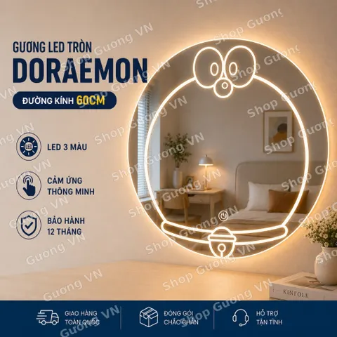 Gương LED SẤY tròn Doraemon treo bàn trang điểm, phòng tắm, kt D60, D50, D40 kèm phụ kiện treo