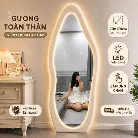 Gương soi toàn thân bọc nỉ dáng hạt đậu 170x70cm, gương đứng decor phòng ngủ phong cách Hàn Quốc