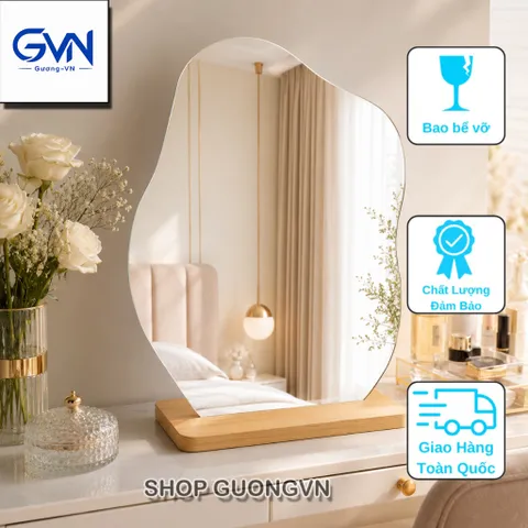 Gương trang điểm để bàn dáng mây kèm đế gỗ, gương makeup decor có LED/không LED, nhiều kích thước.