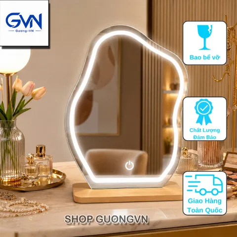 Gương trang điểm để bàn dáng mây kèm đế gỗ, gương makeup decor có LED/không LED, nhiều kích thước.