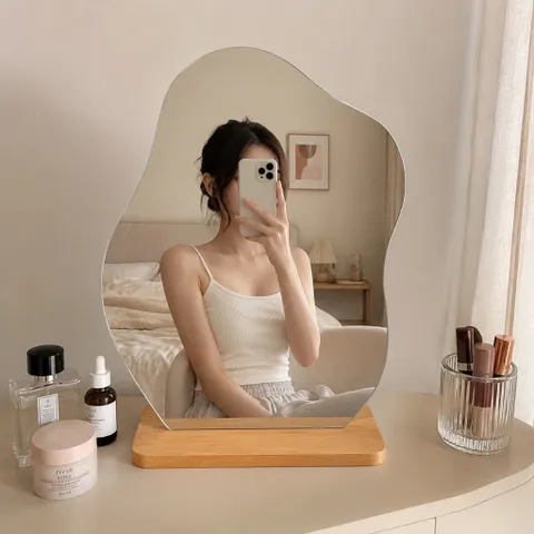 Gương trang điểm để bàn dáng mây kèm đế gỗ, gương makeup decor có LED/không LED, nhiều kích thước.