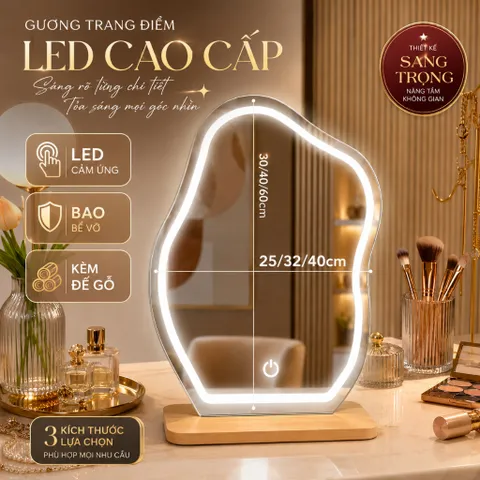 Gương trang điểm để bàn dáng mây kèm đế gỗ, gương makeup decor có LED/không LED, nhiều kích thước.