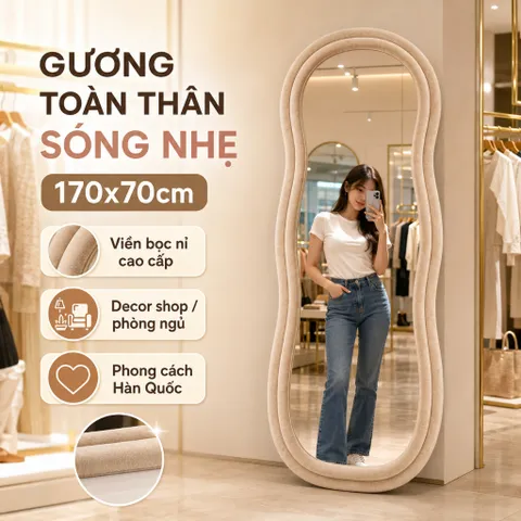 Gương soi toàn thân dáng mây mềm bọc nỉ cao cấp, nỉ Hàn nhập khẩu, kích thước 70x170cm