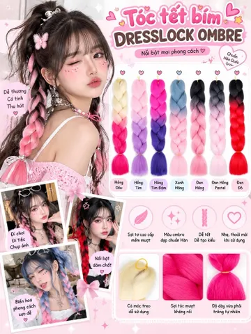 Tóc Tết Bím Dresslock Ombre Nhiều Màu 50gr – Tóc Giả Bím Gắn Tóc Có Móc Treo, Tóc Tết Cosplay Đi Tiệc