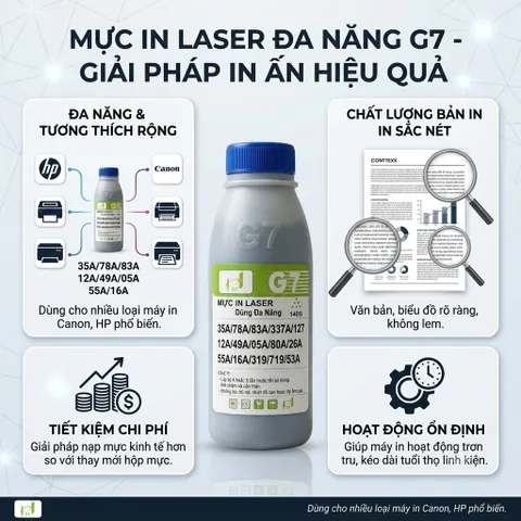 Mực đổ G7 Đa Năng dùng cho 12A/ 35A/ 78A/ 83A/ 337A/ 127/ 49A/ 05A/ 80A/ 26A/ 55A/ 16A/ 319/ 719/ 53A đậm đẹp, ít thải