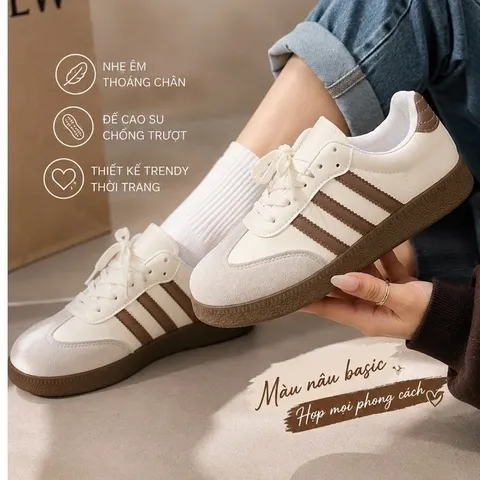 Giày Sneaker Nữ Sọc Đế Nâu Vintage – Giày Thể Thao Basic, Cá Tính, Dễ Phối Đồ