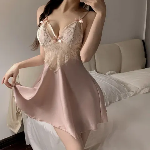Váy Ngủ Lụa Sexy Phối Ren Hoa Nhí Đầm Mặc Nhà 2 Dây  - N285 Nude