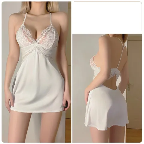 Váy Ngủ Lụa Phối Ren Ngực Đầm Mặc Nhà Hở Lưng Sexy Tặng Chip Lọt Khe - N178 Trắng