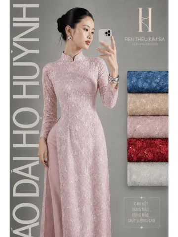 Áo dài họ Huỳnh-Áo dài truyền thống nữ  [HOA THÊU KIM SA]- Vải may áo dài