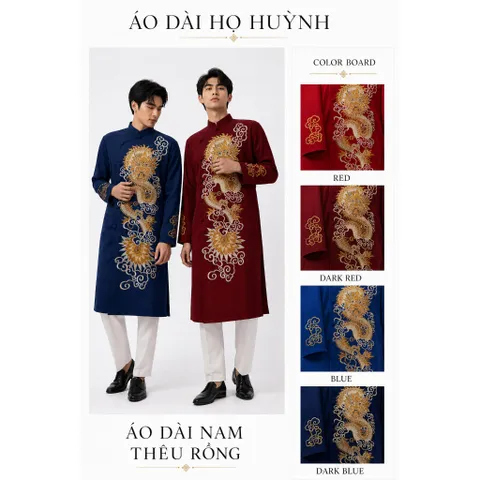 [Áo dài họ Huỳnh] ÁO DÀI NAM THÊU RỒNG CHẤT LIỆU VẢI TUYẾT MƯA  CAO CẤP 4 Màu