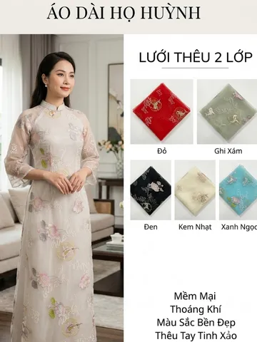 [Áo dài họ Huỳnh] Áo Dài nữ thêu cá chép_ áo dài nữ may sẵn 2 lớp - chất liệu lưới thêu