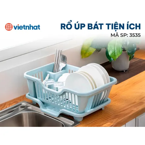 Rổ (Khay) nhựa úp bát chén ráo nước Việt Nhật (3535), Giá úp bát đĩa có ống đũa đa năng kèm khay hứng thoát nước