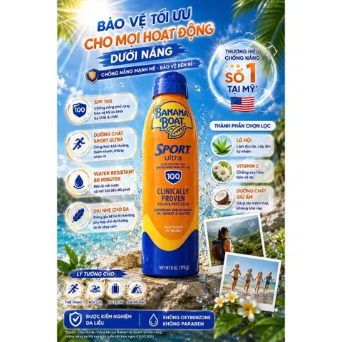 [HÀNG MỸ] Chai Xịt Chống Nắng Banana Boat Sport Ultra Sunscreen Spray SPF 100 (170g / 6 OZ)