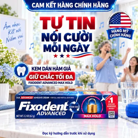 [Tuýp 62g Tiện Dụng] Keo Dán Hàm Giả Fixodent Advanced Max Hold Của Mỹ - Đồng Hành Mọi Chuyến Đi