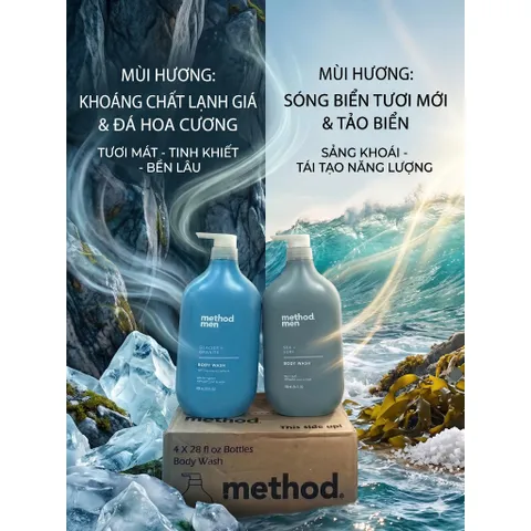 Method Men Body Wash 828ml chai vòi sữa tắm nam thơm mát sạch thoáng Glacier Granite Sea Surf