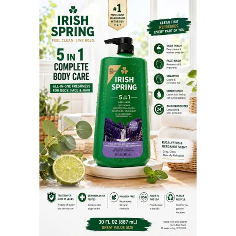 Sữa Tắm Gội Nam Cao Cấp Irish Spring 5 in 1 Mẫu Mới 887ml Chuẩn Mỹ