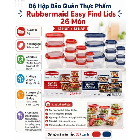 Combo 26 Món Hộp Bảo Quản Thực Phẩm Rubbermaid Easy Find Lids – Nhập Khẩu Mỹ