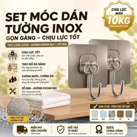 Móc Dán Tường Inox 304 Đa Năng Combo 30 Chiếc, Dán Chắc Chắn, Không Cần Đục Tường
