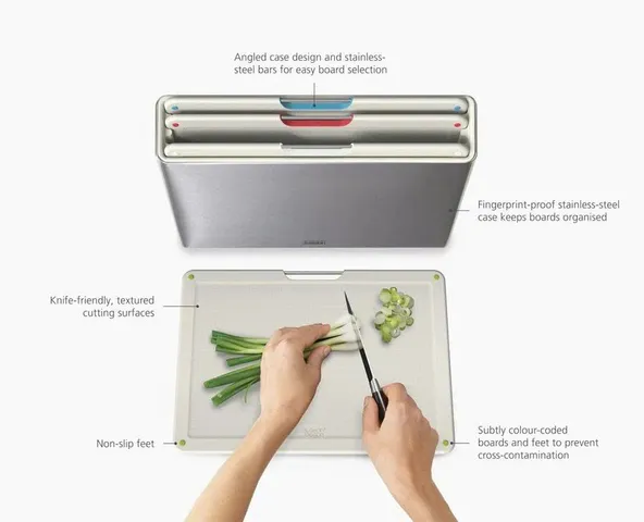 Bộ 4 thớt Joseph Joseph 1000072 Folio Steel 4pc Chopping Board Set Light Stone