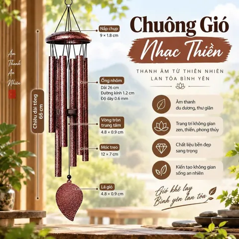 Chuông gió, dài 26 inch (66cm), gồm 6 ống nhôm (ĐK 1.2cm, dày 0.6mm), dùng treo trang trí, NSX Dehongyuan Lighting Factory, mới 100%