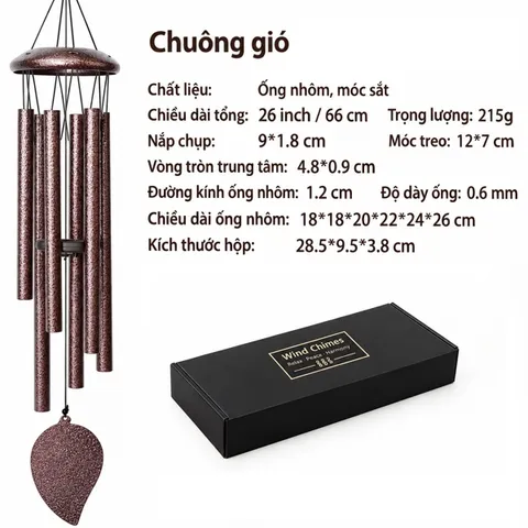 Chuông gió, dài 26 inch (66cm), gồm 6 ống nhôm (ĐK 1.2cm, dày 0.6mm), dùng treo trang trí, NSX Dehongyuan Lighting Factory, mới 100%
