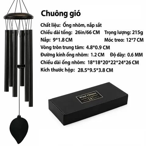 Chuông gió, dài 26 inch (66cm), gồm 6 ống nhôm (ĐK 1.2cm, dày 0.6mm), dùng treo trang trí, NSX Dehongyuan Lighting Factory, mới 100%
