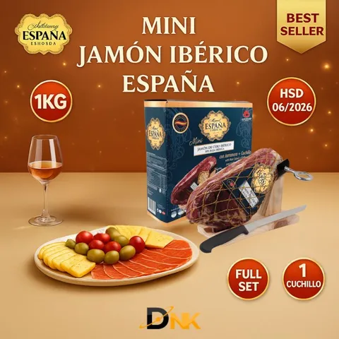 Đùi Heo Muối Mini Jamón Ibérico 1kg, Lợn Đen Tây Ban Nha – Set Dao + Giá Đỡ – Chuẩn Iberico 24 Tháng