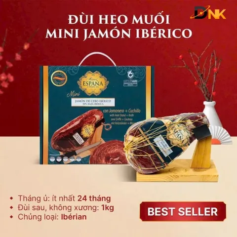 Đùi Heo Muối Mini Jamón Ibérico 1kg, Lợn Đen Tây Ban Nha – Set Dao + Giá Đỡ – Chuẩn Iberico 24 Tháng