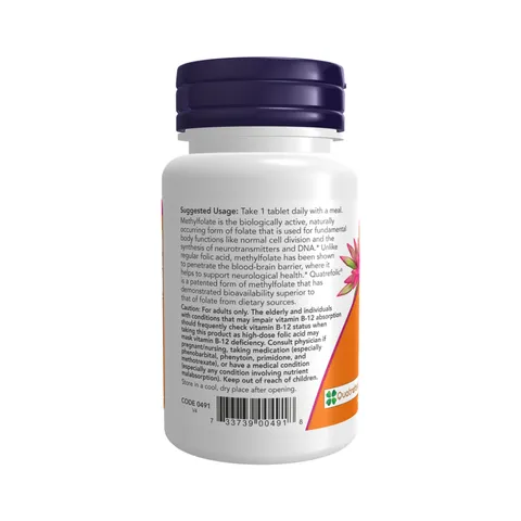 Viên Uống Bổ Sung Vitamin B9 Methyl Folate 1,000 mcg Quatrefolic 5-MTHF NOW Hỗ Trợ Sức Khỏe Tuần Hoàn Thần Kinh (Hộp 90 viên) - YoungFit