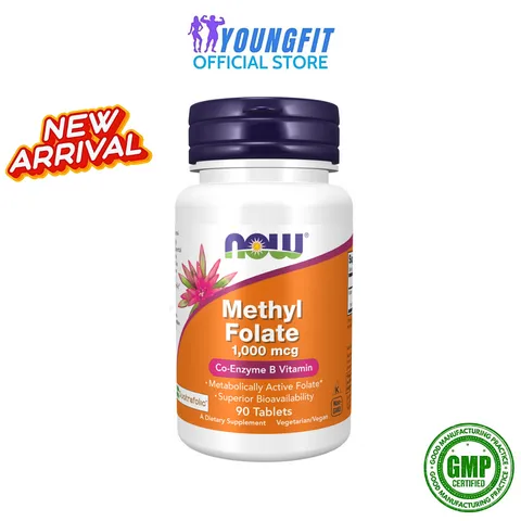 Viên Uống Bổ Sung Vitamin B9 Methyl Folate 1,000 mcg Quatrefolic 5-MTHF NOW Hỗ Trợ Sức Khỏe Tuần Hoàn Thần Kinh (Hộp 90 viên) - YoungFit