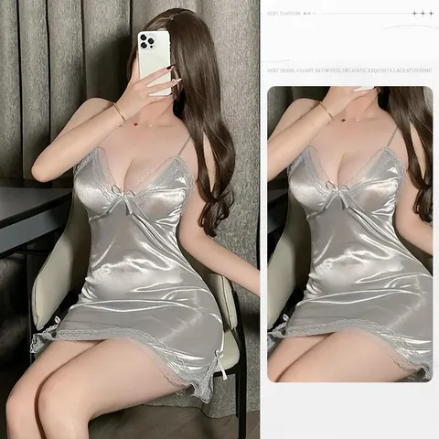 Váy Ngủ 2 Dây Sexy Phối Ren Xẻ Tà Siêu Xinh Gợi Cảm Đầm Ngủ Nữ Mặc Nhà Trơn Tặng Chip Quyến Rũ - N207 Xám
