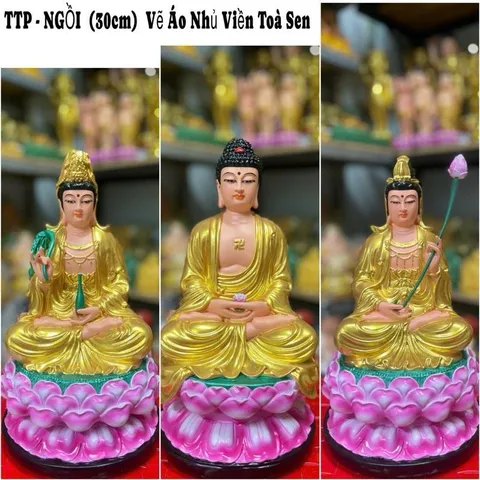 Bộ Tượng Tây Phương Tam Thánh ngồi đài sen cao 30cm chất liệu poly
